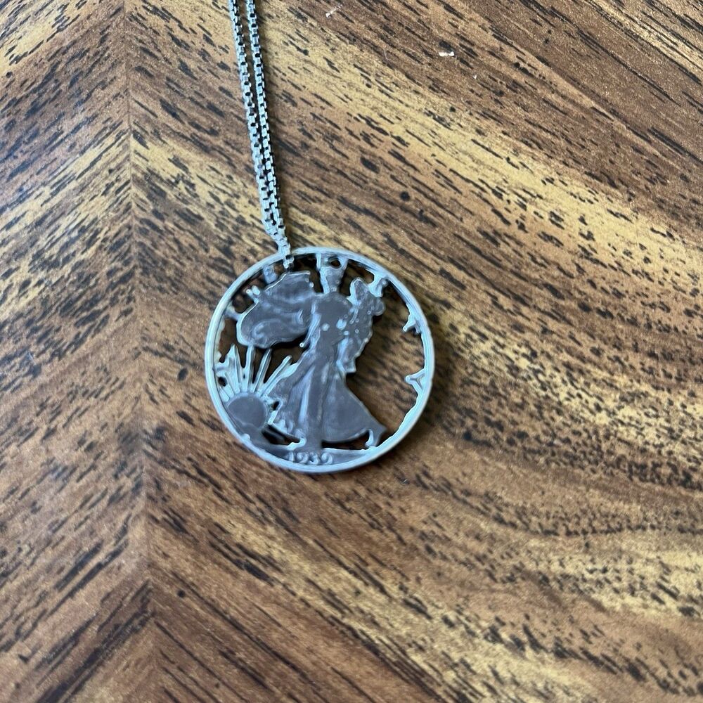Vintage 1939 US Walking Liberty Silver Half Dollar Cut Out Coin Necklace